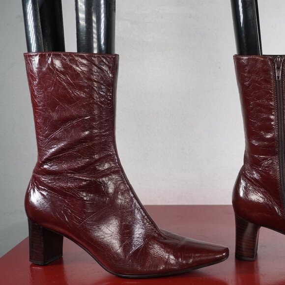 Women's Nine West Brown Leather Ankle High Low Heel Fashion Boots Booties 8 - Picture 5 of 9